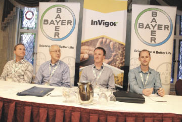 Bayer CropScience assembled a panel of farmers and agronomists to discuss some of its new InVigor canola varieties Nov. 27 during its agronomy summit. Steve Larocque farms and runs Beyond Agronomy at Three Hills, Alta., (l), Murray Hartman, Alberta Agriculture and Rural Development provincial oilseed specialist, Lacombe, Alta., Frank Groeneweg, Green Atlantic Farms, Edgeley, Sask., and Wes Anderson, agronomy manager, Richardson Pioneer, Regina, Sask.