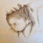 cross-stitched image of baby and mother