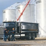 Farmers standing beside grain truck near auger and grain bins.