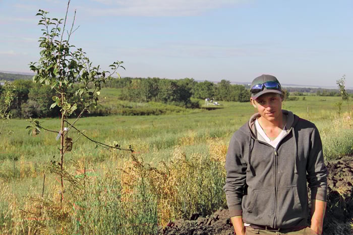 Takota Coen has planted fruit and nut trees between his pasture land and a 1.5-kilometre swale that collects run-off from his annual crop field and feeds his farm’s drip irrigation system — creating a sustainable system that balances water management, perennial crops, and annual crops.  Photo: Jennifer Blair