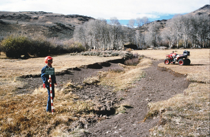 This photo taken in 1990, shows eroded banks, channel width, and many areas of bare soil.