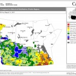 This map shows total precipitation across the Prairies between Nov. 1 and March 31. Eastern regions received very low to record-low amounts of precipitation, while north-central parts of Alberta and Saskatchewan received very high to record-high amounts.