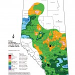 This map shows the total amount of soil moisture in the top 60 centimetres relative to the long-term average. A good portion of agricultural Alberta currently has near to moderately high amounts of soil moisture, with a few pockets in the southeast and northwest having high to very high amounts. In between, there are some small scattered areas of moderately low to low amounts.