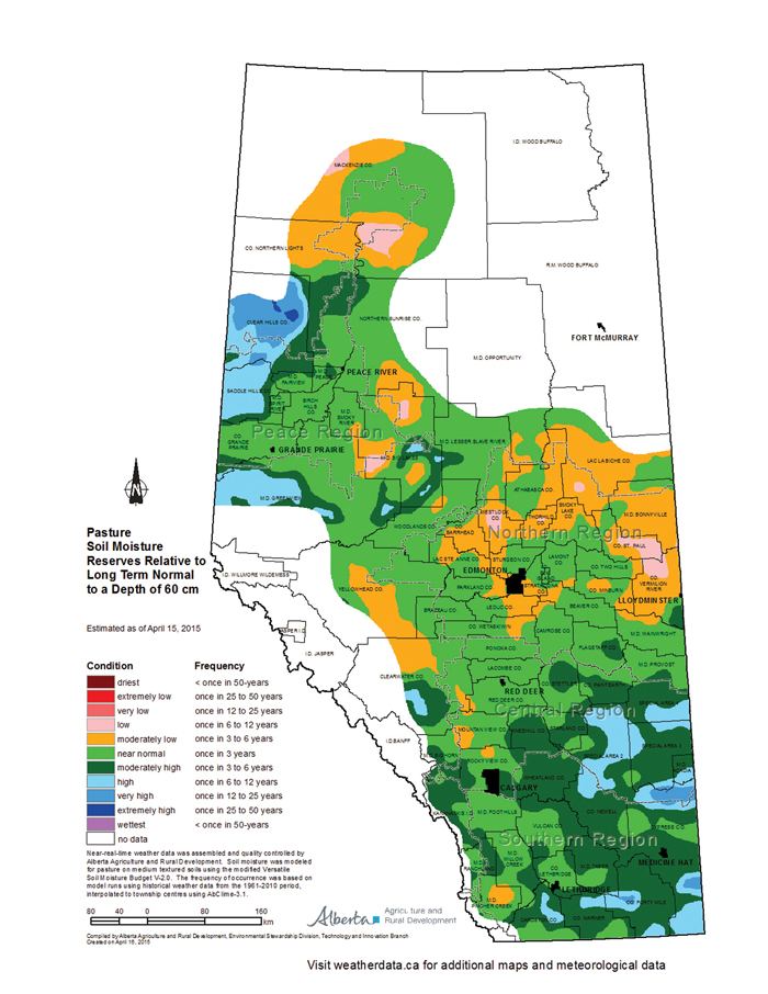 This map shows the total amount of soil moisture in the top 60 centimetres relative to the long-term average. A good portion of agricultural Alberta currently has near to moderately high amounts of soil moisture, with a few pockets in the southeast and northwest having high to very high amounts. In between, there are some small scattered areas of moderately low to low amounts.