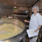 Olga Payne, plant manager at Tiras Dairies, stands near a vat of cheese. The Camrose company has recently won several awards for its cheeses.