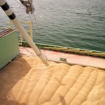 A cargo ship getting topped up with grain.