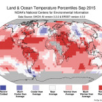 This map shows September’s global temperatures as percentiles ranging from record cold to record warmth. It’s easy to see just why it was one of, if not the, warmest September on record. With the exception of a few small areas of cooler to much cooler-than-average temperatures, most of the planet saw warmer to much warmer-than-average temperatures, with large areas seeing record warmth.