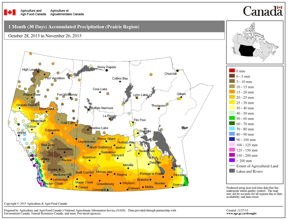 Normally around this time of year I put out the first snow cover map, but due to the light and variable amounts of snow received so far this year the map was basically a mess. Instead, I have gone with a map showing total precipitation during the 30-day period ending Nov. 26. While not all of this precipitation fell as snow, regions with the highest amounts currently have the deepest snow cover.