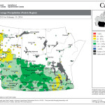 This map shows the total amount of precipitation compared to average for the agricultural year which started in September 2015. Even with the light snow cover this winter, thanks to a wetter-than-average fall, precipitation amounts are around average across most of the Prairies. The exceptions are in parts of west-central Manitoba and northwestern Alberta.