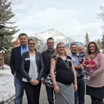 Banff was the site of this year’s Outstanding Young Farmers event. From left to right are Shane and Kristin Schooten, Marc and Hinke Therrien, and Martin and Gaylene Van de Poi (with children Alex and Emily).