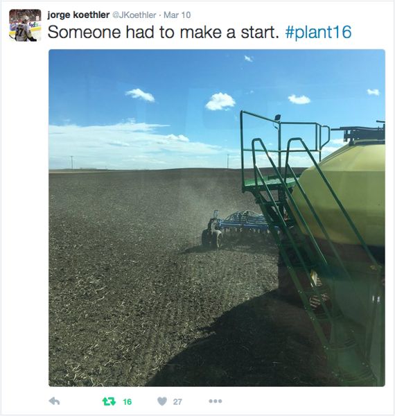 The same day, producer Jorge Koethler tweeted this photo from a field near Bow Island, where he said he was seeding hard red spring wheat.