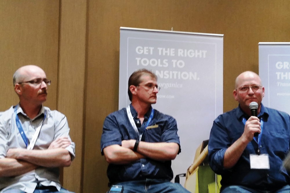 Organic producers Steven Snider (l), Tim Hoven (middle), and Ward Middleton (r) spoke about creating an organic crop rotation at the Organic Alberta Conference in Olds.