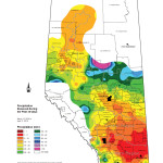 This map shows the total amount of precipitation that fell across Alberta during the 30-day period ending on April 11. Southern and central regions, for the most part, were very dry, with most regions seeing less than 10 millimetres. The central and northern Peace Region was also quite dry. The wet areas were in the extreme southwest along with the Northern Region, where more than 55 millimetres of precipitation were reported in some areas.