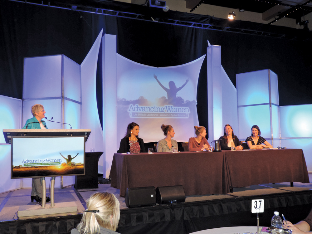 Dianne Finstad hosts the Women Talk panel. Left to right: Sandy Hansen-Wolff, Elysia Vandenhurk,  Natasha Vandenhurk, Leona Dargis and Jennifer Christie.  