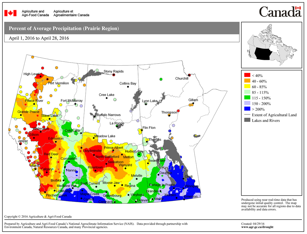 This map shows the total amount of precipitation that fell across the Prairies during the first 28 days of this year’s growing season. You can quickly see that a large part of Alberta and Saskatchewan had a dry start to the growing season. In contrast, southeastern Alberta, southwestern Saskatchewan, and much of central and eastern Manitoba have been much wetter.