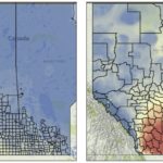 If these climate change predictions come true, massive heat waves will be the norm. The map on the left shows the current situation: Most of the Prairies is shaded blue (meaning 10 or fewer days when the temperature tops 30 C) with only Palliser’s Triangle in the light-green or yellow zones (20 to 25 days of +30 C). On the right is the prediction for the years after 2050 if there isn’t a reduction in greenhouse gases — with 30 to 45 days of scorching hot weather in a typical summer.