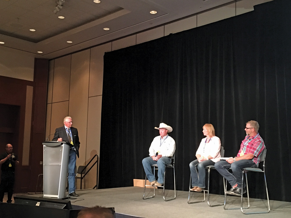 Verifier Gord Stephenson, contracted by Where Food Comes From, hosted a panel featuring (from left) Stephen Hughes of Chinook Ranch (Longview), Anne Wasko of Bar 4 Bar Land and Cattle (Eastend, Sask.) and Les Wall of KCL Cattle (Coaldale).