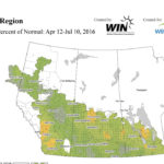This map shows the total precipitation across the Prairies over the last three months. Most areas have seen near to slightly above average rainfall so far this growing season, with only southern and central Alberta seeing below-average amounts.