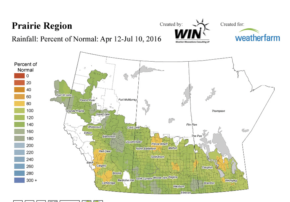 This map shows the total precipitation across the Prairies over the last three months. Most areas have seen near to slightly above average rainfall so far this growing season, with only southern and central Alberta seeing below-average amounts.
