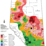 This map shows the total amount of precipitation for Alberta during the three official winter months (December to February) as compared to average. You can see the northern region along with the Peace River region saw well-below-average amounts of precipitation during this period. Central and southern regions saw near-average amounts, with a few locations in the south receiving above-average amounts.