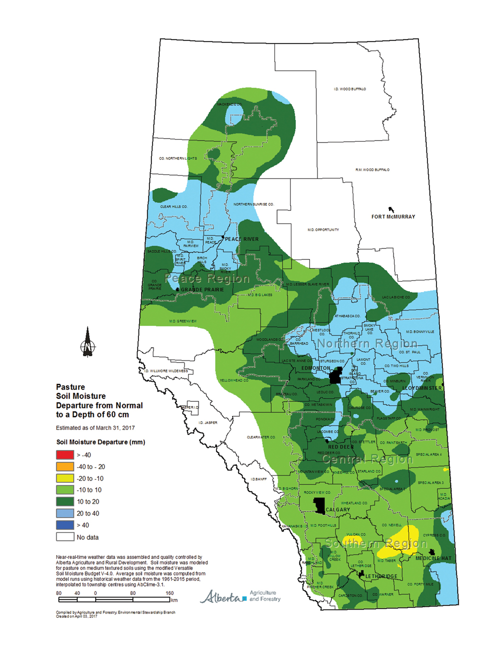 This map shows pasture soil moisture levels as of the end of March compared to the long-term average. A large part of Alberta has near- to slightly above-average amounts of soil moisture. Parts of the Peace River and northern regions are going into the spring with well-above-average amounts.