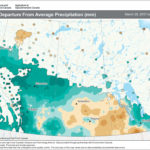 This map shows the total amount of precipitation as a departure from the long-term average for the 30-day period ending on April 27. Nearly all of Alberta saw above-average amounts during this period, with only a small pocket in the south and far north seeing below-average amounts. The driest region during this period was in south-central Saskatchewan along with western and extreme southern parts of Manitoba.