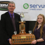 Alyssa Henderson receives her 2017 4-H Alberta Premier’s Award from Rod Carlyon, executive director of the Rural Development Branch.