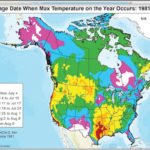 This map is rather interesting as it shows the average date when the maximum temperature for the year occurs throughout the United States and Canada. On the Prairies, you can see that the main grassland region typically experiences the warmest temperatures of the year in late July and early August. Farther north the warmest temperatures occur in mid- to late July.