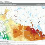 This map shows the total amount of precipitation that fell across the Prairies during the 30-day period ending on April 26. You
can quickly see that it has been very dry across much of the Prairies, with only the far western parts of Alberta seeing any significant precipitation.