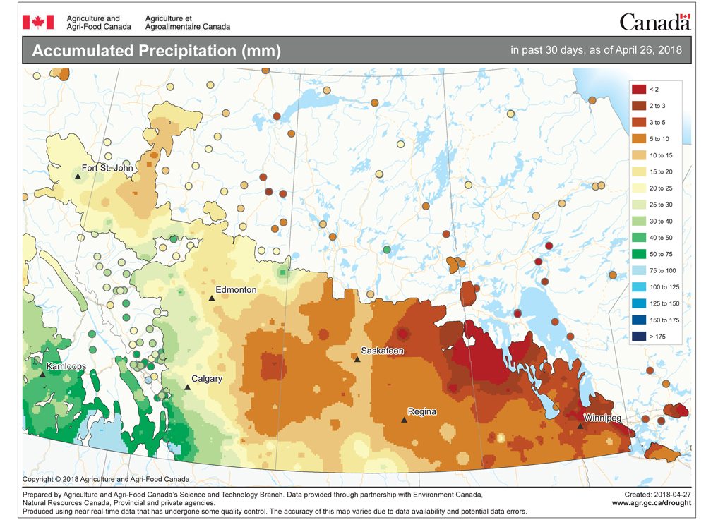 This map shows the total amount of precipitation that fell across the Prairies during the 30-day period ending on April 26. You  can quickly see that it has been very dry across much of the Prairies, with only the far western parts of Alberta seeing any significant precipitation.