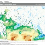 This map shows the total amount of precipitation that has fallen across the Prairies during the first half of September. After a dry summer, central and eastern Manitoba along with northern agricultural Saskatchewan and the northern half of Alberta received some significant precipitation. These regions saw anywhere from 25 to more than 50 millimetres, providing some much-needed soil moisture.