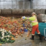 A worker dumps pre-consumer food waste before being fed to black soldier fly larvae at the Enterra Feed Corporation in Langley, British Columbia.