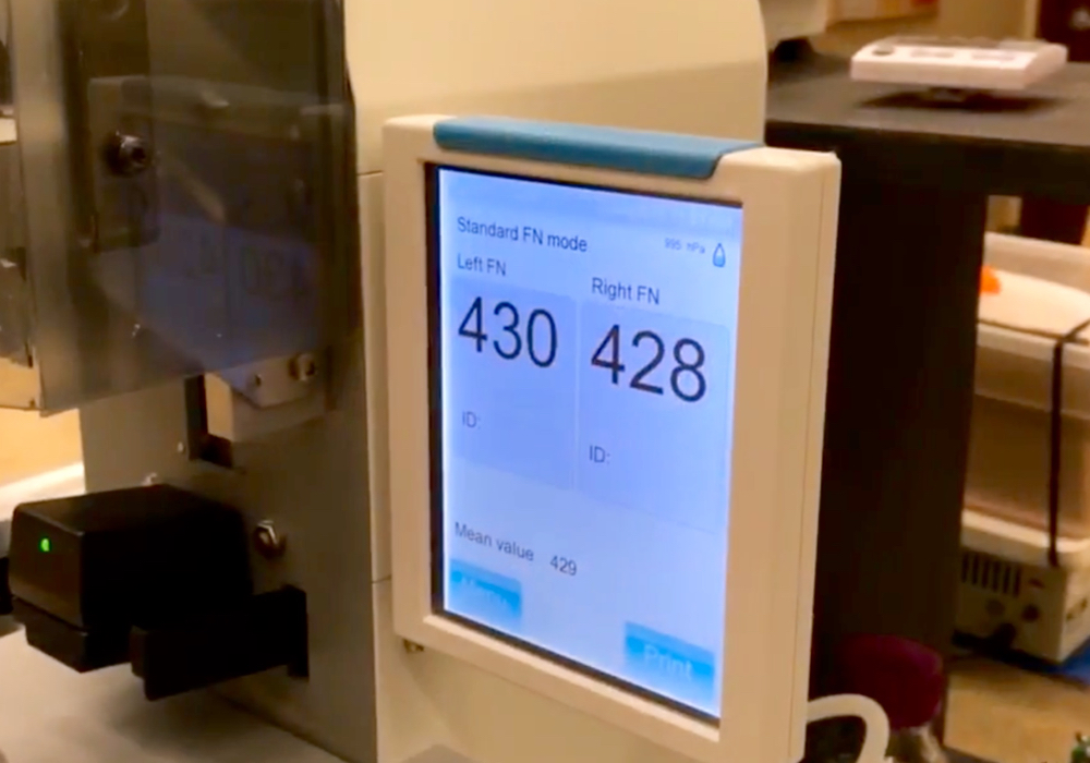 What’s in a number? It could be a lot if it’s a favourable falling number. The results of this test (done in Cigi’s Winnipeg lab) are very high — numbers above 300 are considered good while those below 300 aren’t. Alberta Wheat argues farmers should be paid for a good falling number even if a visual inspection results in a lower grade.