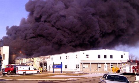 U.S. firm Grain Millers Inc. plans to process flax at Angusville, Man., where the former Glanbia Nutritionals flax plant suffered $7 million in damages in this blaze in March 2012. (RCMP photo)
