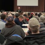 Brent Kosior addresses farmers at an unofficial meeting of Weyburn Inland Terminal shareholders on Feb. 4. (Leeann Minogue photo)