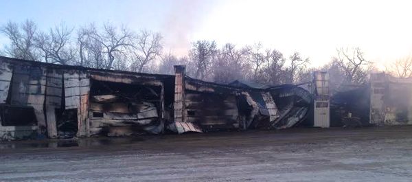 The building housing Hamiota Feedlot’s offices and some of its equipment has been gutted by fire. (Photo courtesy Hamiota RCMP)
