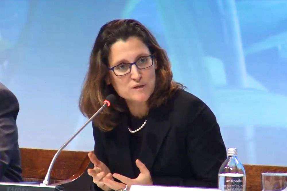 Trade Minister Chrystia Freeland, shown here earlier this year at the signing conference for the Trans-Pacific Partnership, has walked out of trade talks aimed at salvaging a Canada-EU free trade deal. (New Zealand Ministry of Foreign Affairs and Trade via YouTube)
