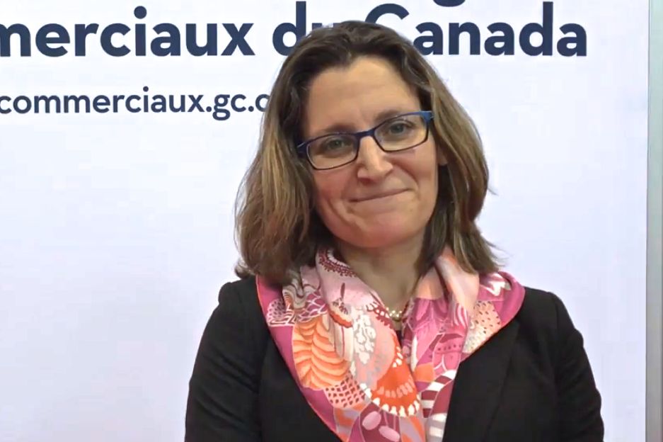 Trade Minister Chrystia Freeland, shown here at the Prospectors and Developers Association of Canada conference in March. Global Affairs Canada via YouTube)
