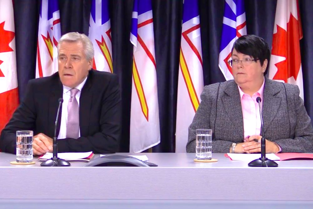 Newfoundland and Labrador Premier Dwight Ball and Finance Minister Cathy Bennett lay out the “Flatter, Leaner Management Structure” on Feb. 22. (Gov.NL.ca)
