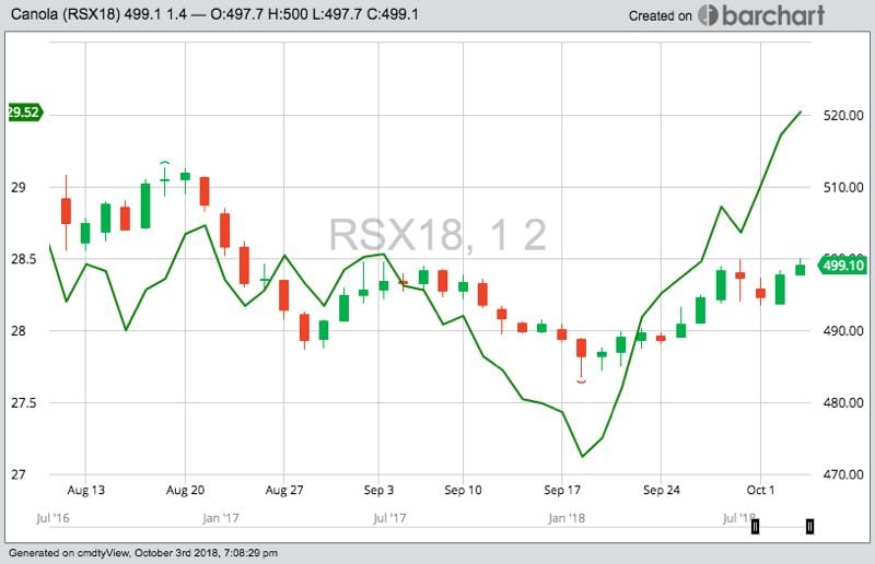 ICE November 2018 canola (candlesticks) and October 2018 soybean oil (green line). (Barchart)
