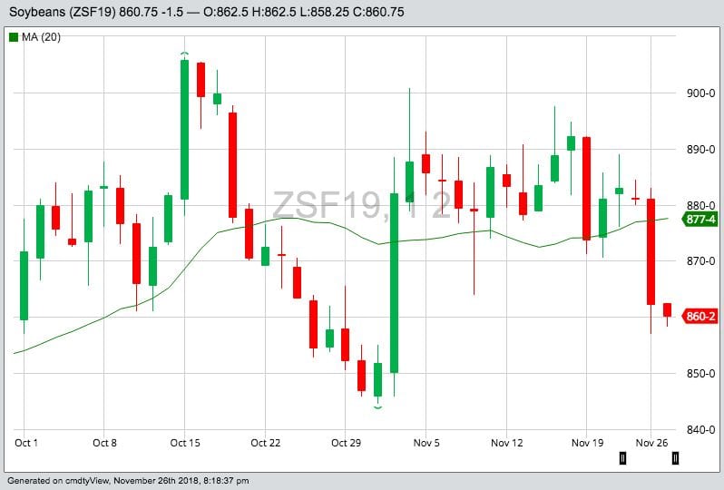 CBOT January 2019 soybeans with 20-day moving average. (Barchart)
