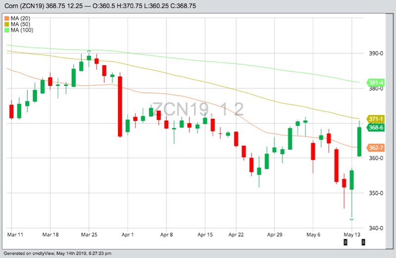 CBOT July 2019 corn with 20-, 50- and 100-day moving averages. (Barchart)
