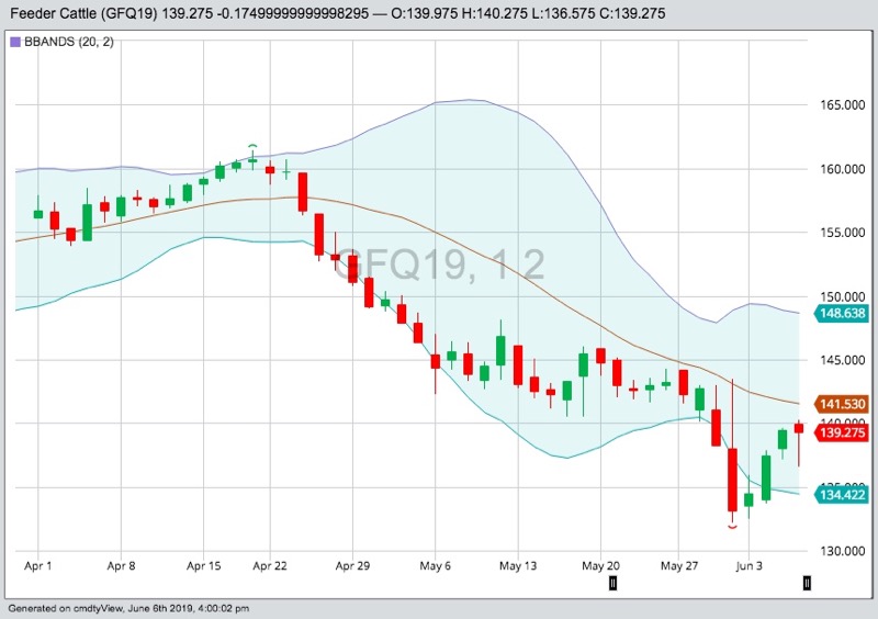 CME August 2019 feeder cattle with Bollinger (20,2) bands, a gauge of market volatility. (Barchart)
