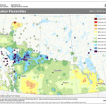 This map shows the amount of precipitation that has fallen across the Prairies so far this growing season as a percentile. The wettest region is around Edmonton, with precipitation amounts falling into the 90th to 100th percentiles. The driest areas are in southern Alberta and central Manitoba, with some areas seeing values as low as the 10th to
20th percentiles.