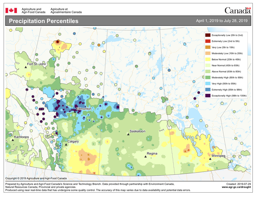 This map shows the amount of precipitation that has fallen across the Prairies so far this growing season as a percentile. The wettest region is around Edmonton, with precipitation amounts falling into the 90th to 100th percentiles. The driest areas are in southern Alberta and central Manitoba, with some areas seeing values as low as the 10th to  20th percentiles.