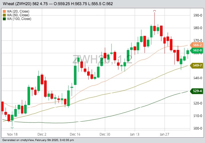 CBOT March 2020 wheat with 20-, 50- and 100-day moving averages. (Barchart)
