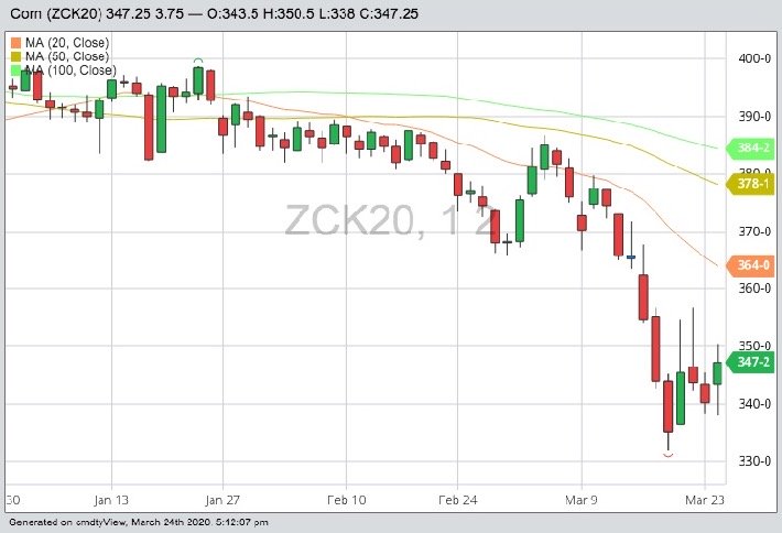 CBOT May 2020 corn with 20-, 50- and 100-day moving averages. (Barchart)
