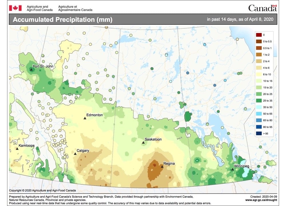 Precipitation across the Prairies over the two weeks ending April 8, 2020. (Map courtesy Agriculture and Agri-Food Canada)
