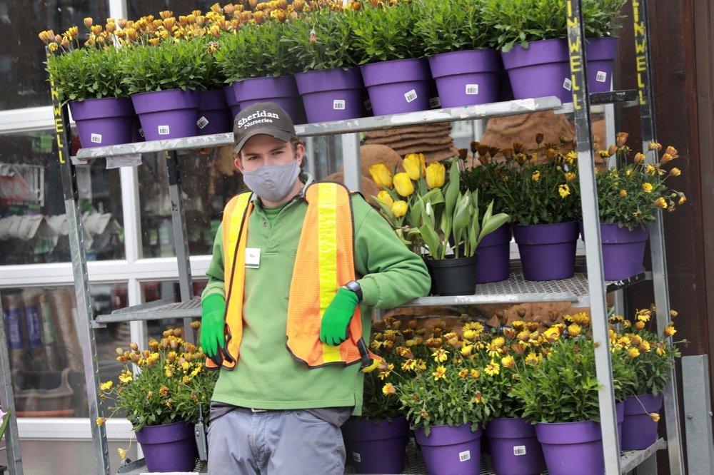 A worker leans on a rack of potted flowers at Sheridan Nurseries in Toronto on May 8, 2020, the first day that garden centres re-opened in Ontario from COVID-19 restrictions. (Photo: Reuters/Chris Helgren)
