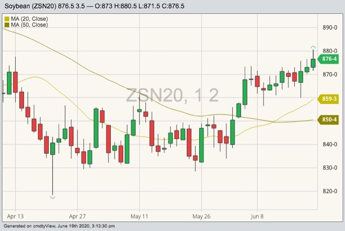 CBOT July 2020 soybeans with 20- and 50-day moving averages. (Barchart)

